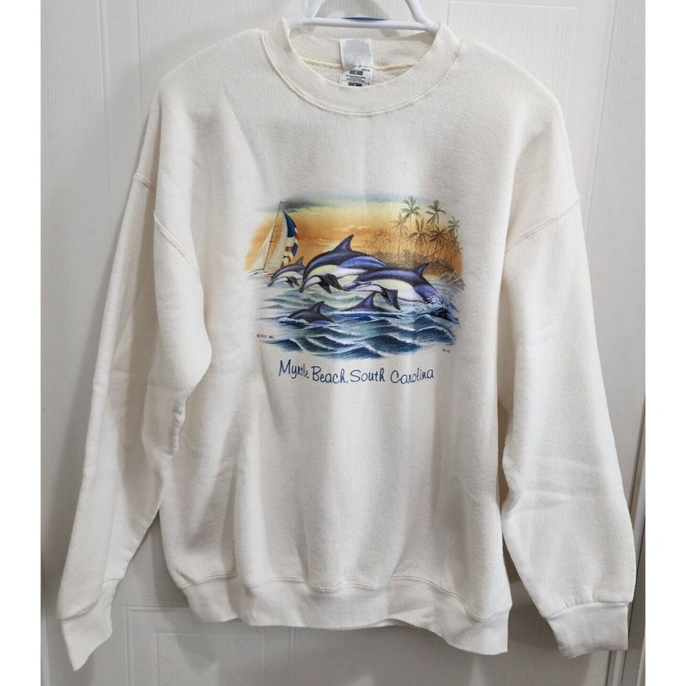 VTG Myrtle Beach South Carolina Dolphin Graphic White Sweatshirt Size Large